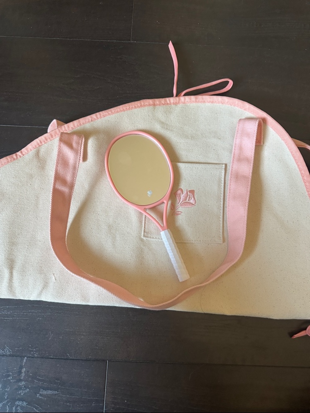 Lancome Pink and Cream Canvas Tote tennis racket holder with rocket mirror